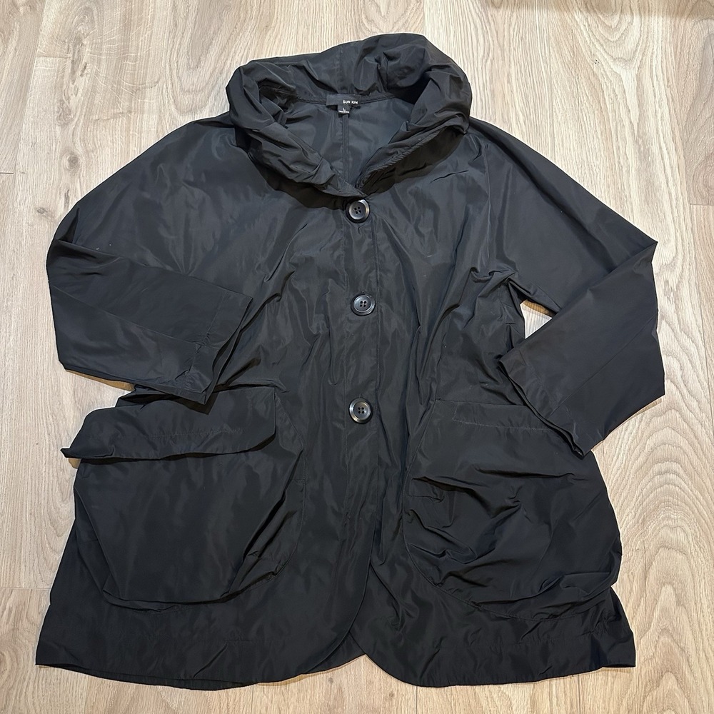 Sun Kim Jacket Raincoat Lightweight Coat Button Down Lagenlook Black Size L